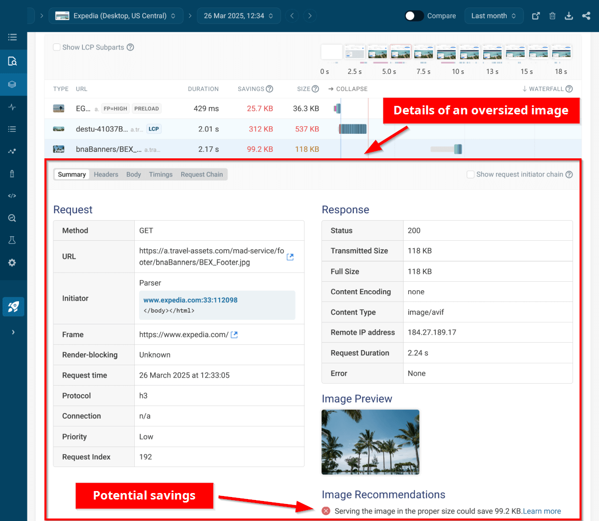 Avoid unnecessarily large images DebugBear recommendation for the homepage of Expedia on desktop with expanded details