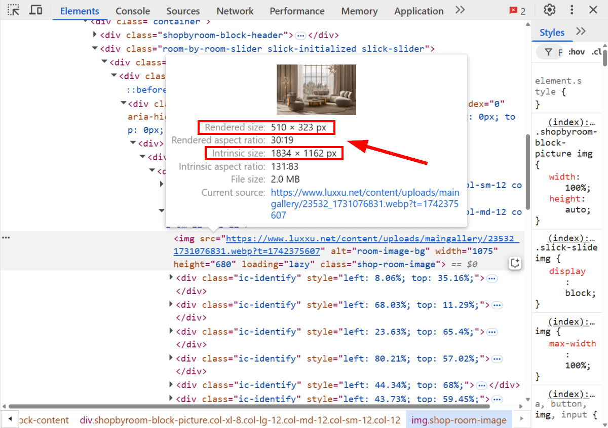 Intrinsic vs. rendered size in Chrome DevTools