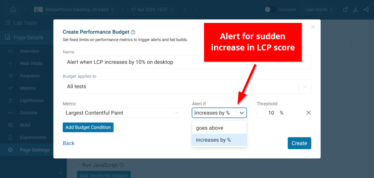 Performance budget for regression in LCP score
