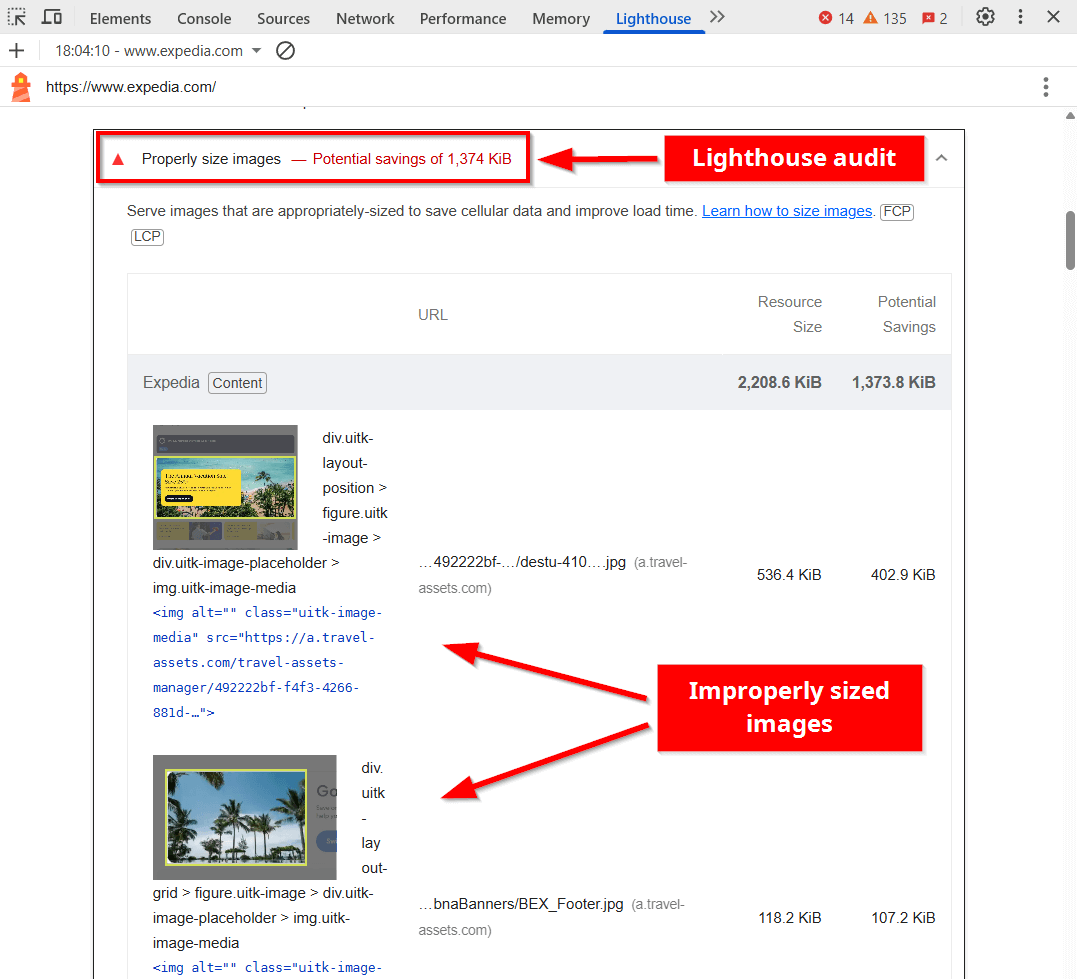 Properly Size Images Lighthouse audit for the homepage of Expedia on desktop, audit failed with 1374 KB of oversized images