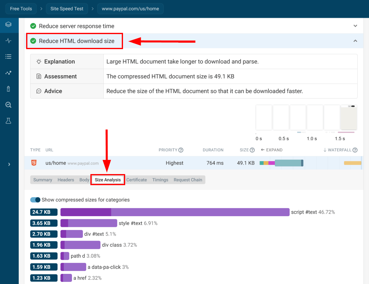 Reduce HTML Download Size recommendation, annotated screenshot