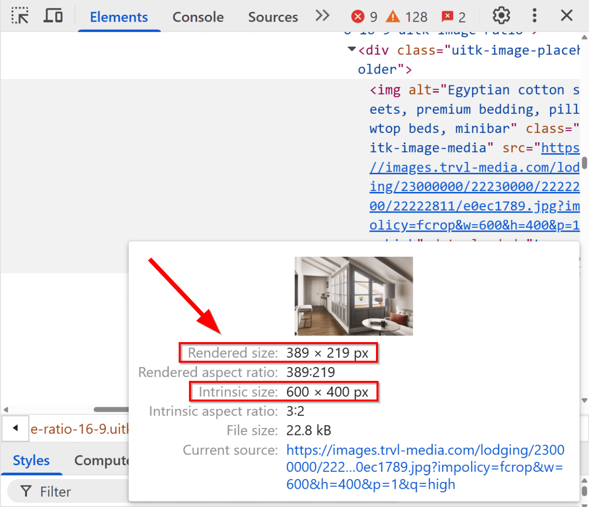 Sizing info in Chrome DevTools for an image on the homepage of Expedia